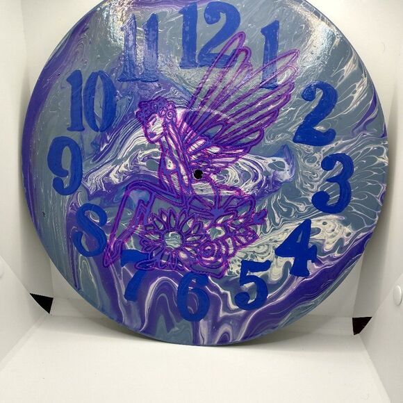 Hand Crafted Abstract  Fairy Hanging Wall Clock Analog  Vinyl Record Fluid Art - Picture 1 of 13